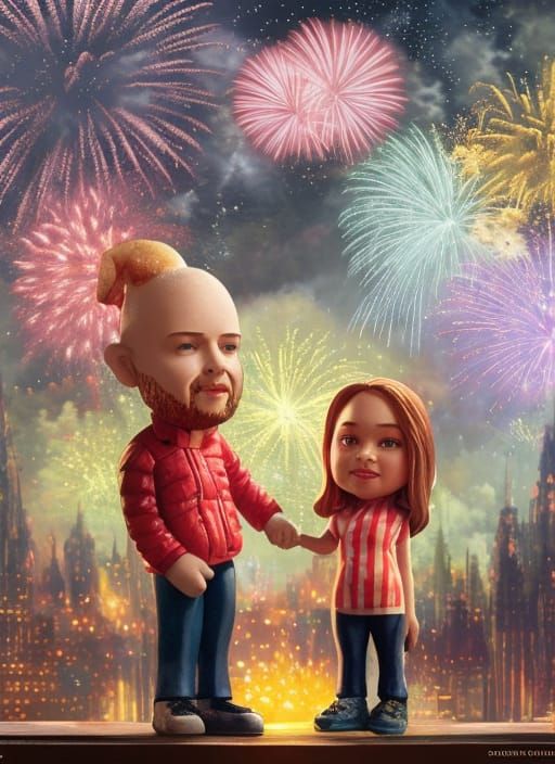 Bobblehead Kids Watch Multicolored Fireworks Display