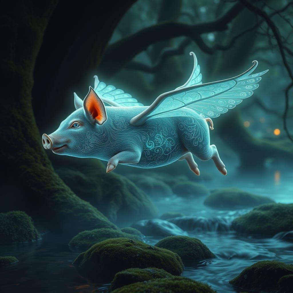 Bioluminescent Flying Pig in Art Nouveau Style