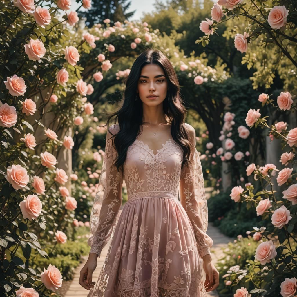 Woman in Rose Garden with Lace Dress in Vaporwave Style