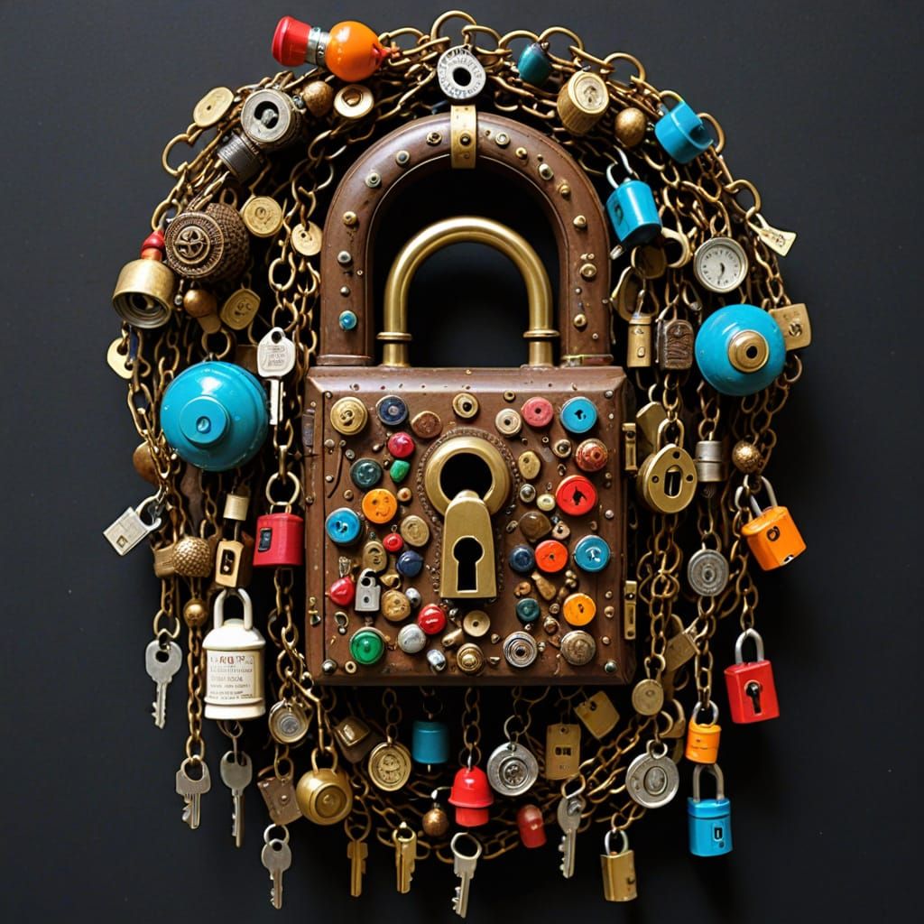 3D Papier Mache Lock and Key Assemblage Art