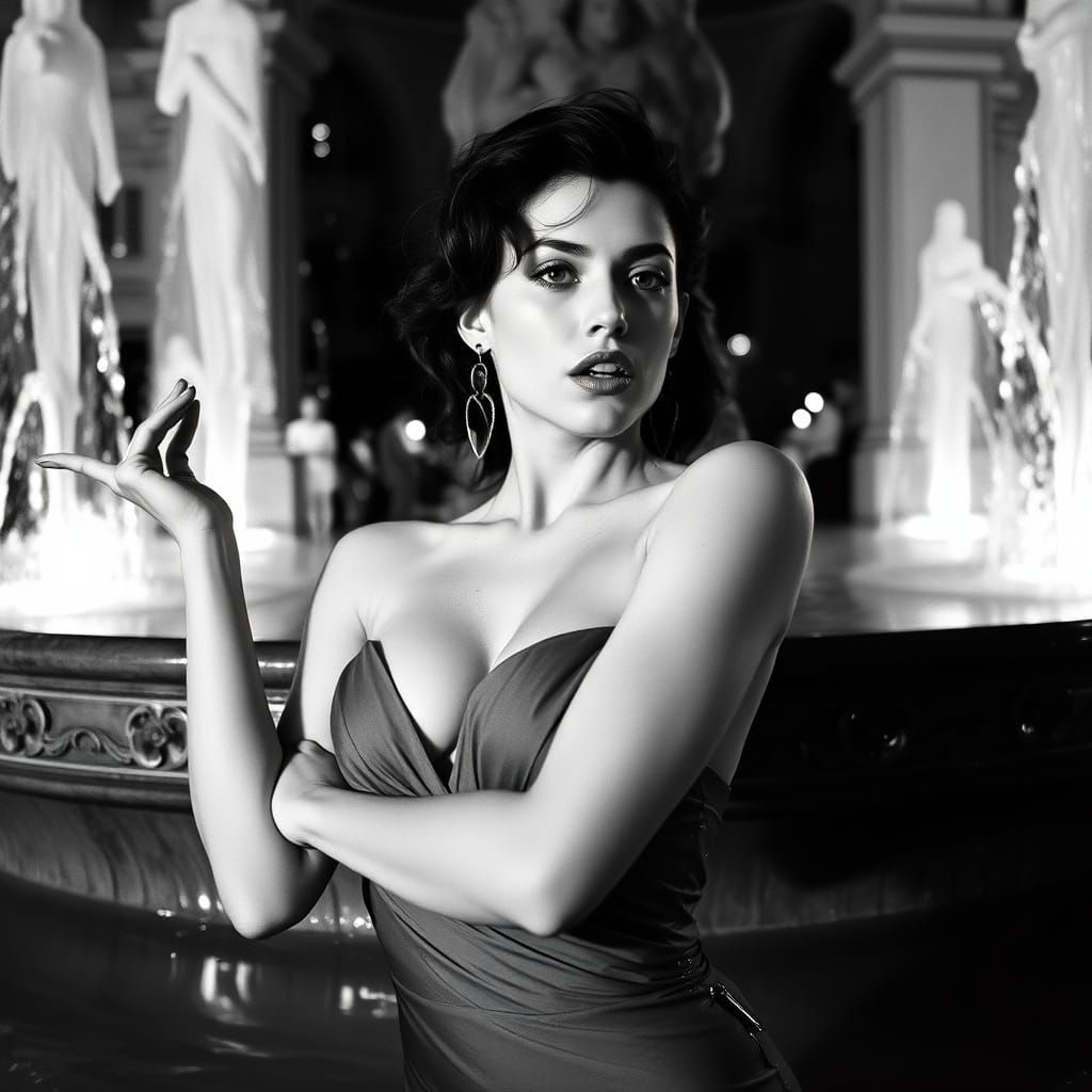 Elegant Woman Posing in Fountain, Black and White Photograph...
