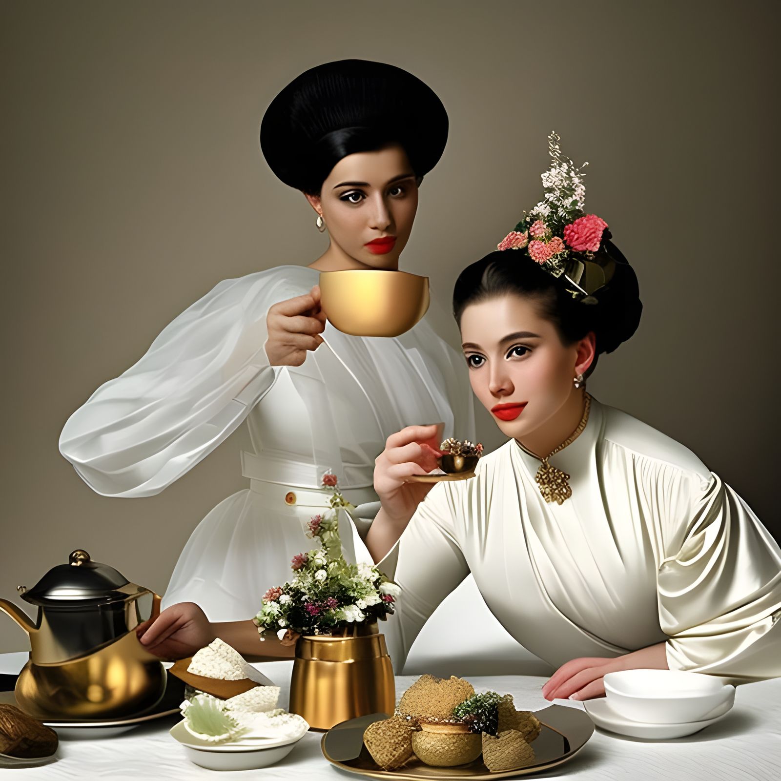 Beautiful Woman Enjoying Tea in Cafe: Photorealistic Portrai...