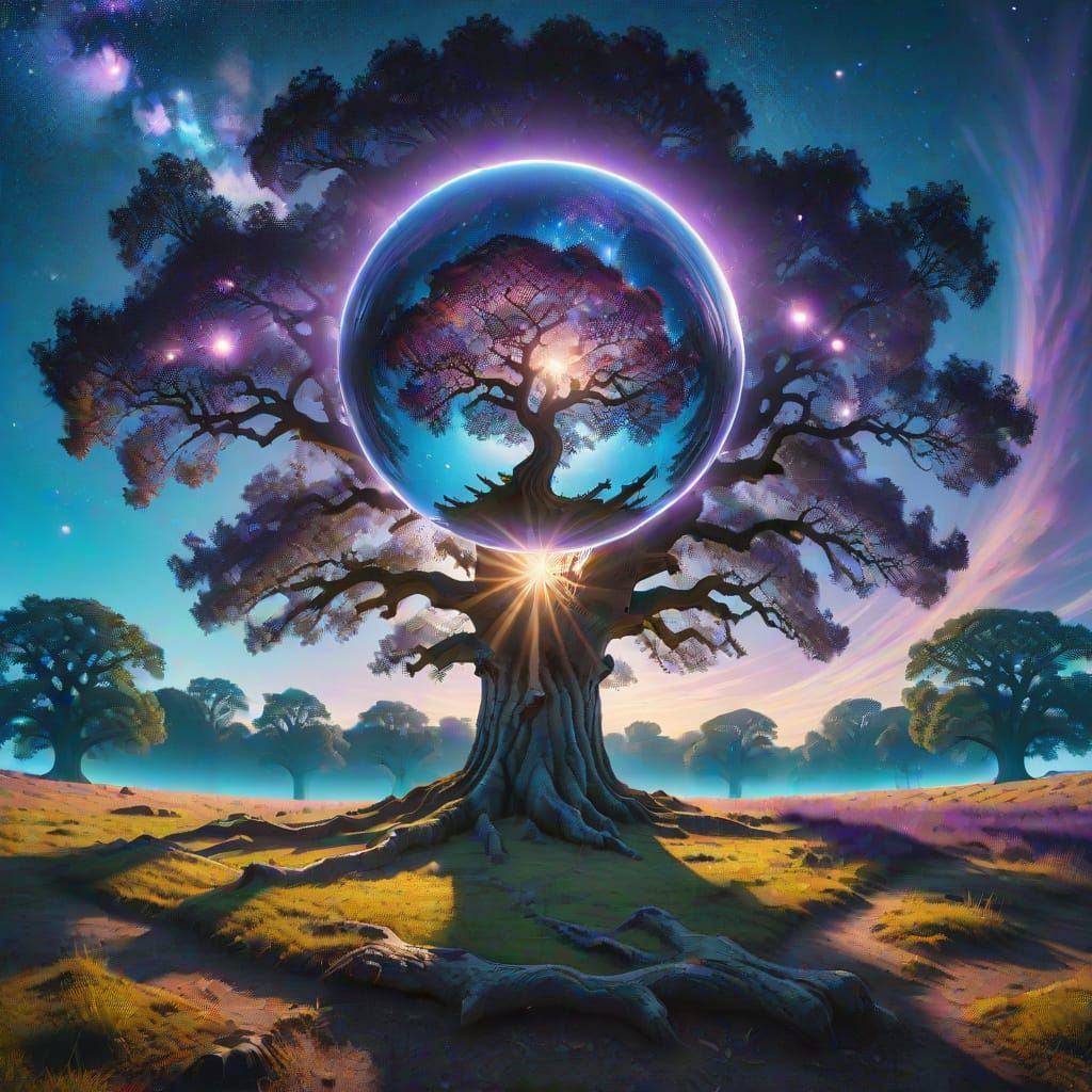 Glowing Sphere Above Ancient Oak in Dreamlike Digital Art