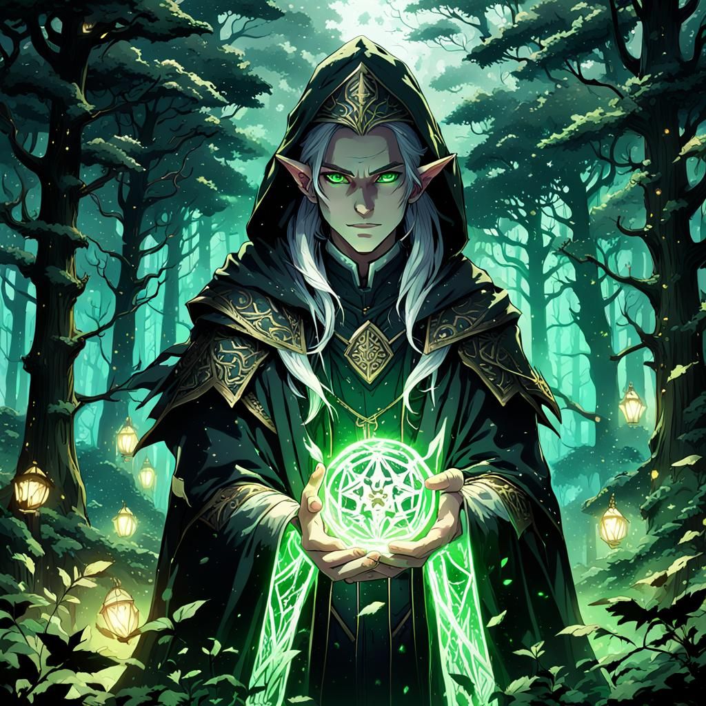 Elven Warlock in Dark Forest, Anime Style