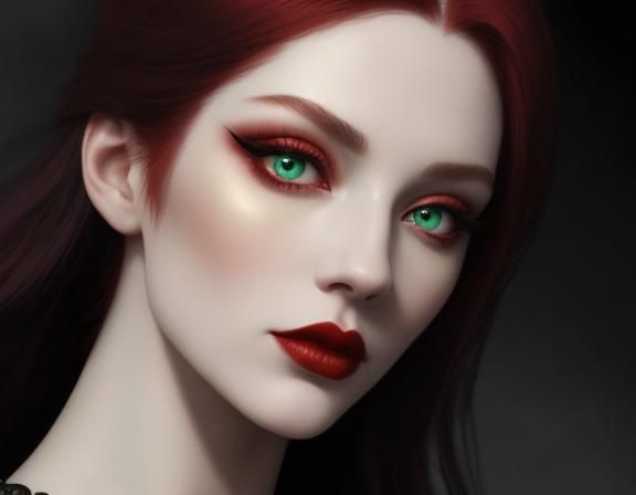 Gothic young lady with long crimson red hair and green eyes ...