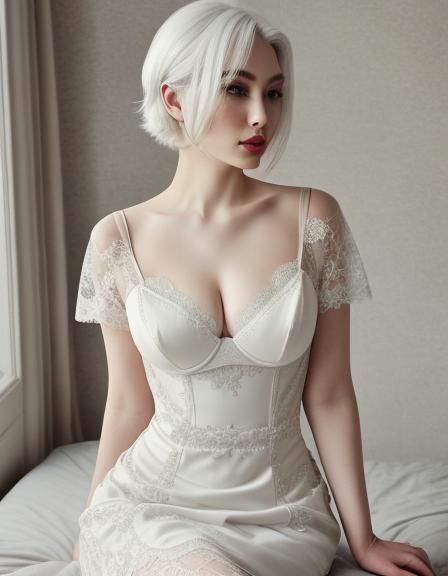 Pale Girl with White Hair in Lace Slip