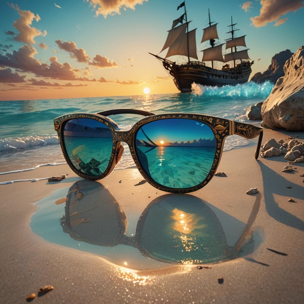 Sunglasses Reflecting Pirate Ship Sunset: Hyperrealistic Spl...
