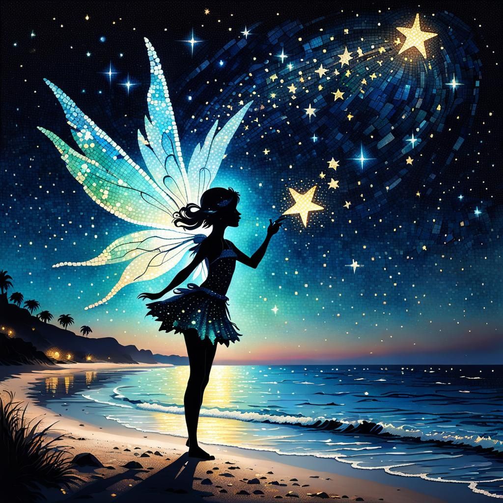 Fairy Silhouette on Beach in Mosaic Pointillism