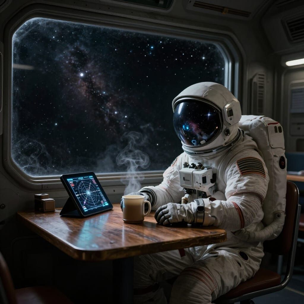 Astronaut Reflecting Nebulae in Space Cafeteria