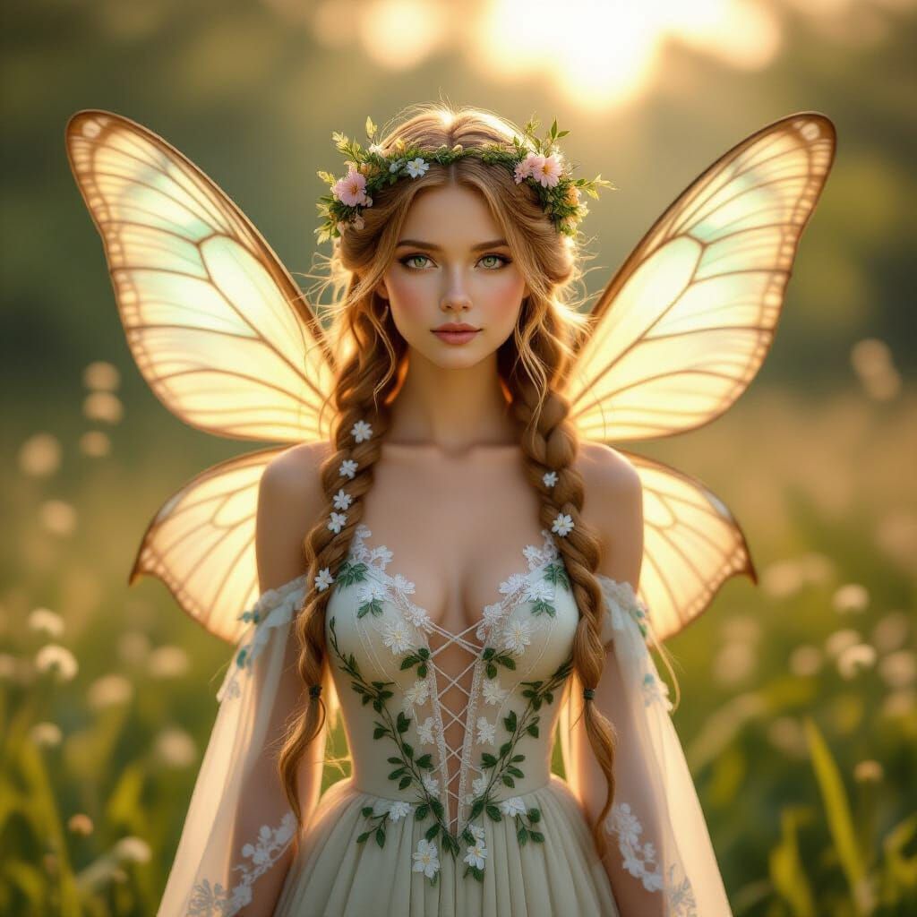 A graceful woodland fairy with long golden hair woven into i...