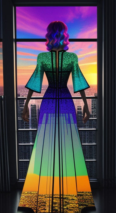 Dreamlike Evening Cityscape in Holographic Stained Glass