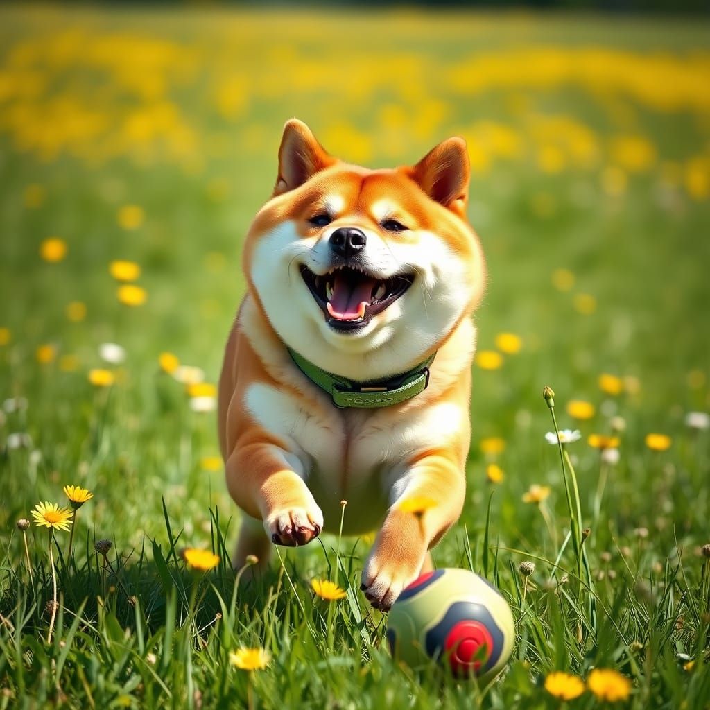 Happy Shiba Inu Chasing Ball on Sunny Meadow
