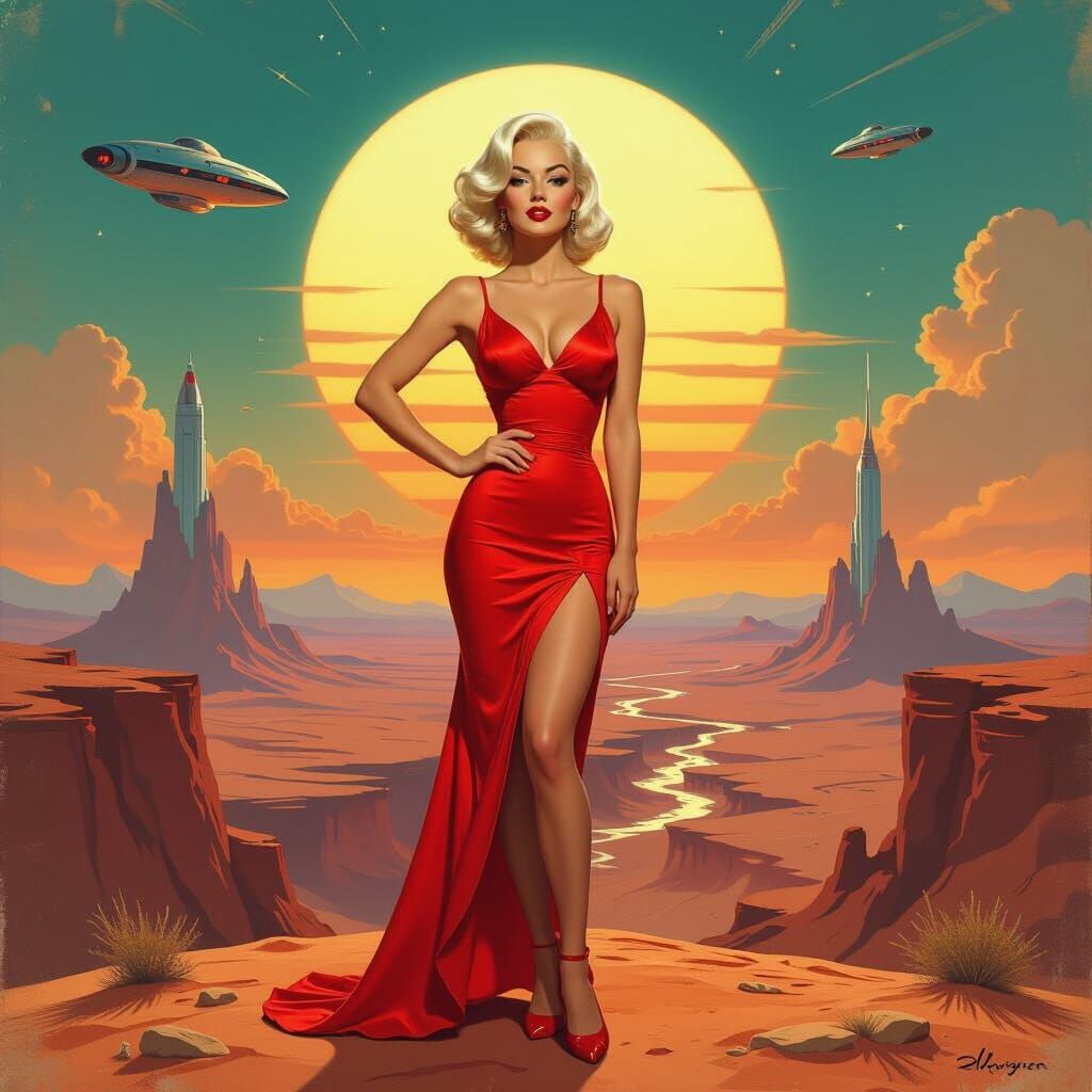 Retro Pin-Up Girl on Mars in Art Nouveau Style