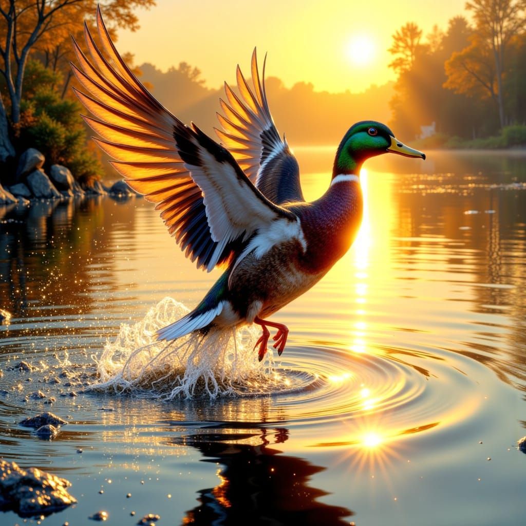 Mallard Duck Takes Flight at Sunrise Oil Painting