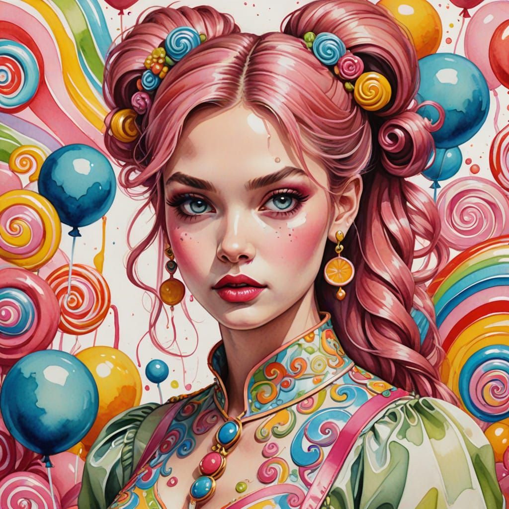 Elegant Bimbo Portrait in Watercolor Style