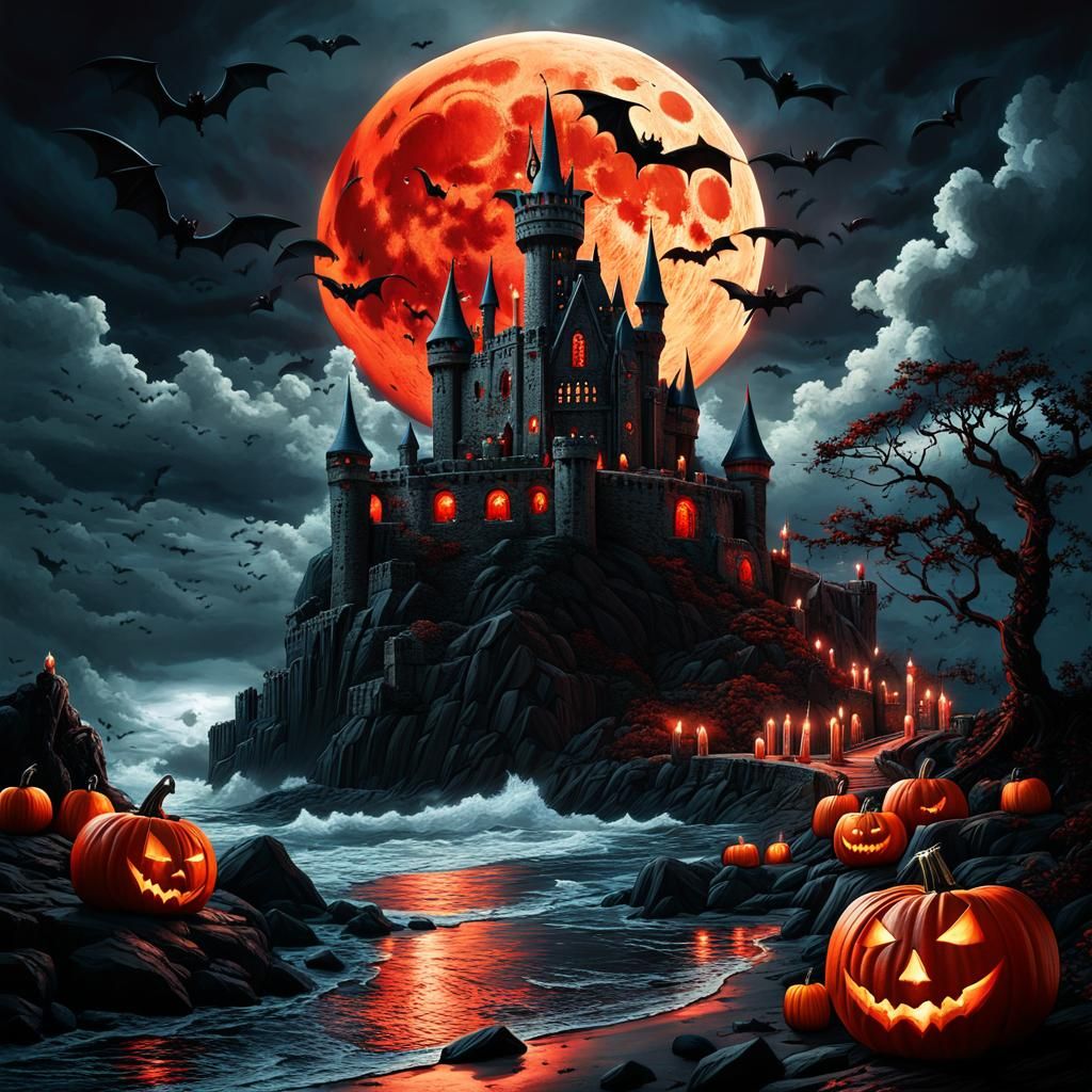 Gothic Castle Under Blood Moon: A Dark Fantasy Digital Art
