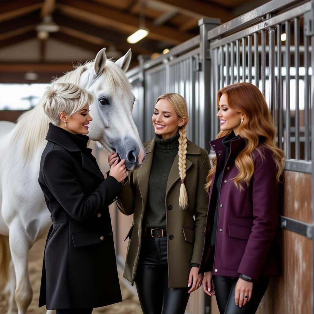 Two Women Admire White Mare in Stable