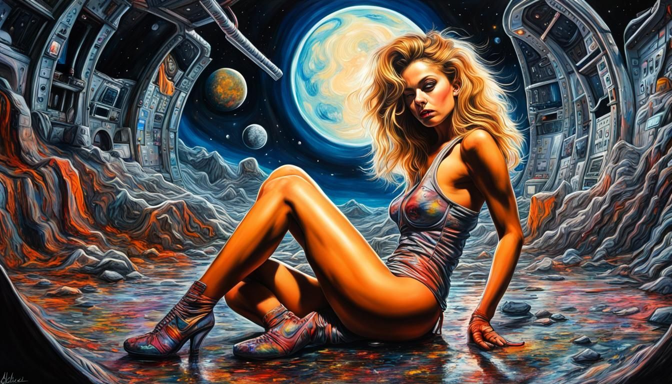 Barbarella Striptease in Moon Base: Hyperrealistic Digital A...