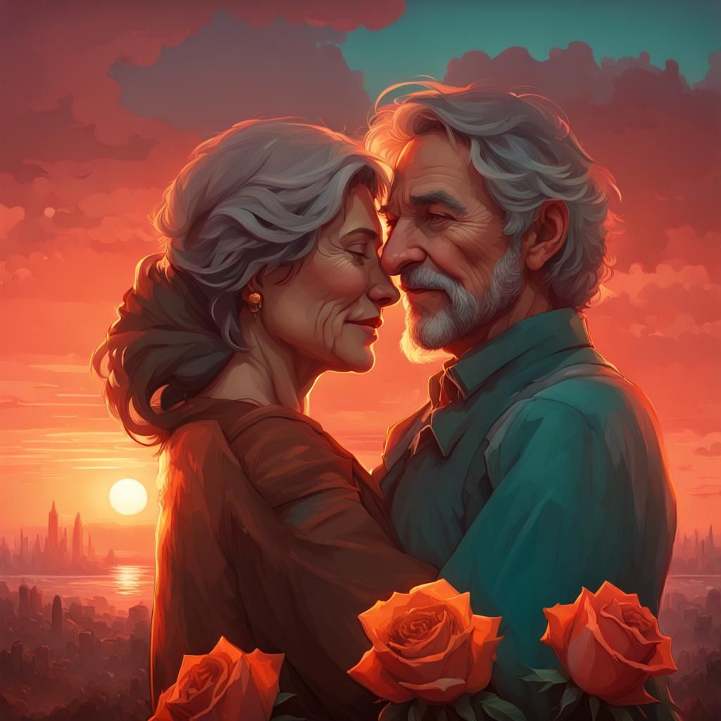 Romantic Sunset Embrace with Rose, Art Nouveau Style