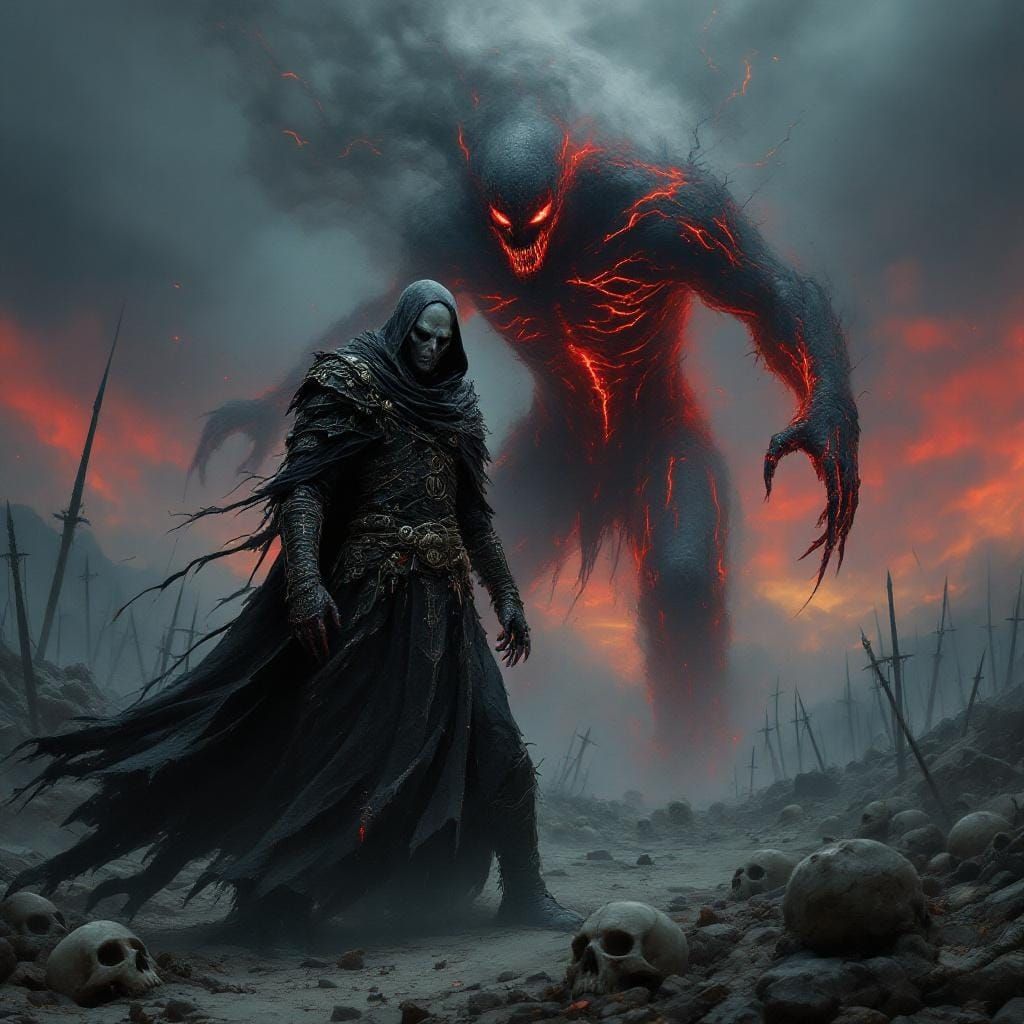 Necromancer Warrior in Desolate Battlefield, Dark Fantasy Ar...