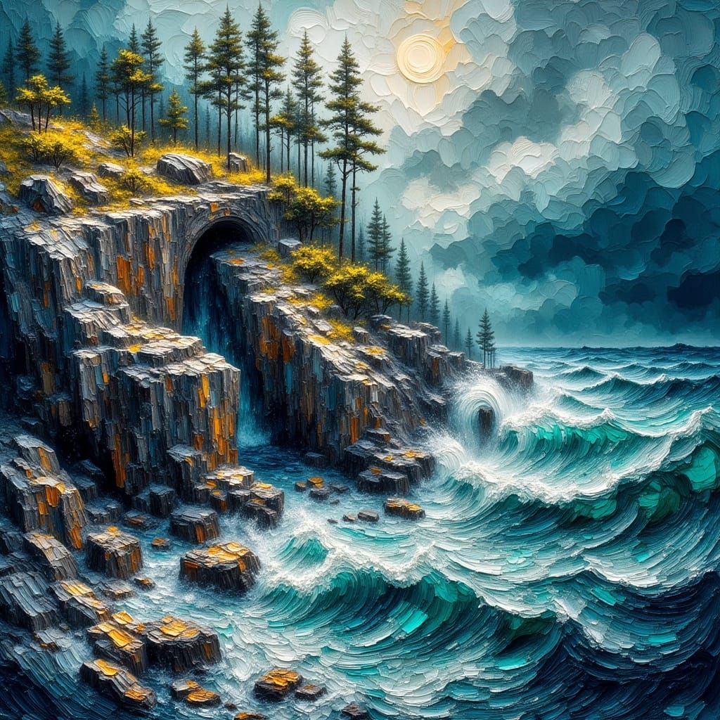 Impressionist Seaside Cliff with Stormy Waves