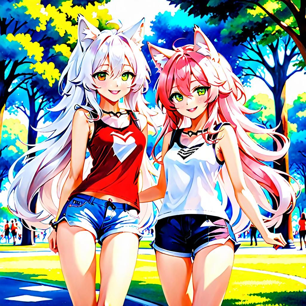 Anime Wolf Girl and Catgirl Play in Yoyogi Park