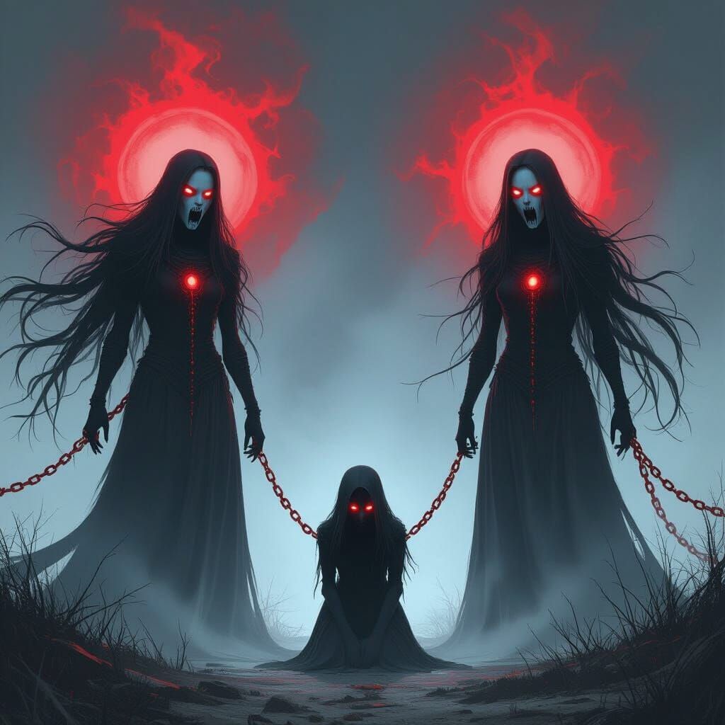 Banshees Connected by Spectral Chains in Dark Fantasy Style