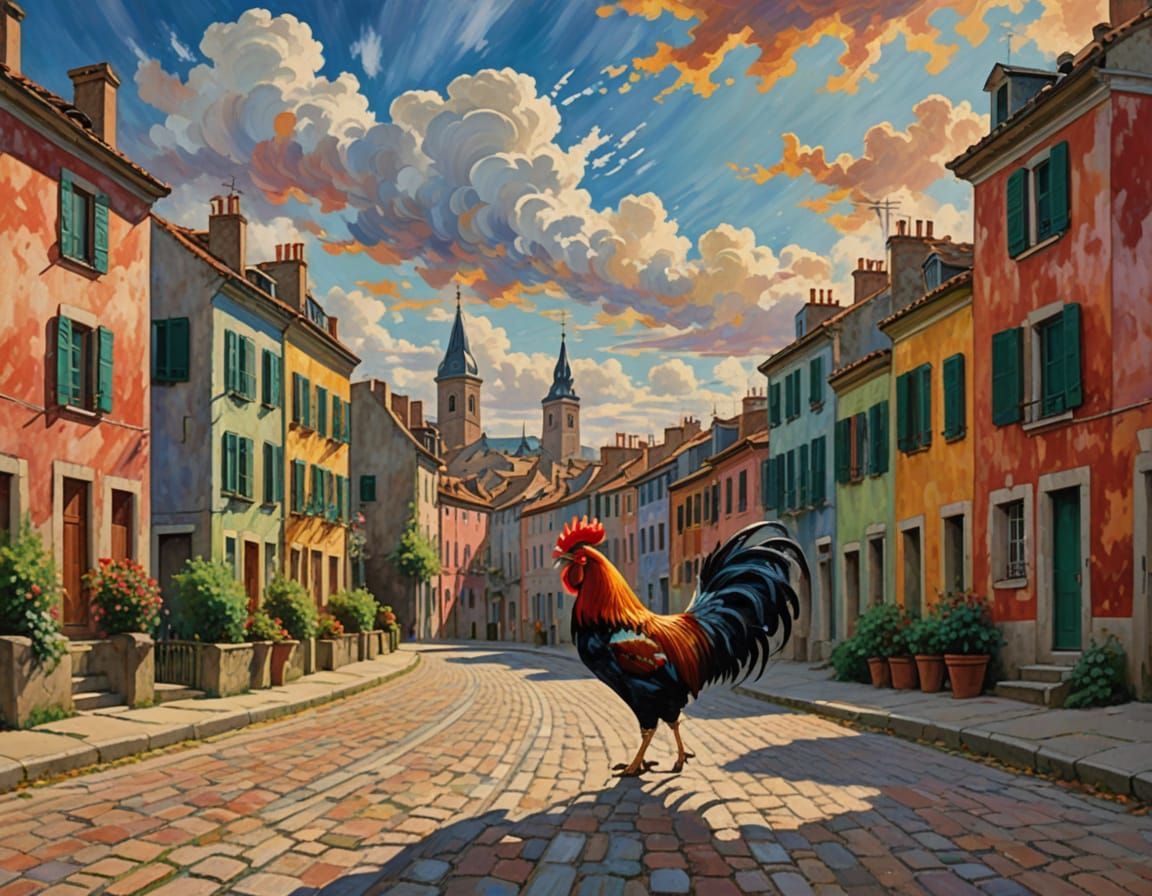 Rooster Stroll: Impressionistic Scene with Dappled Sunlight