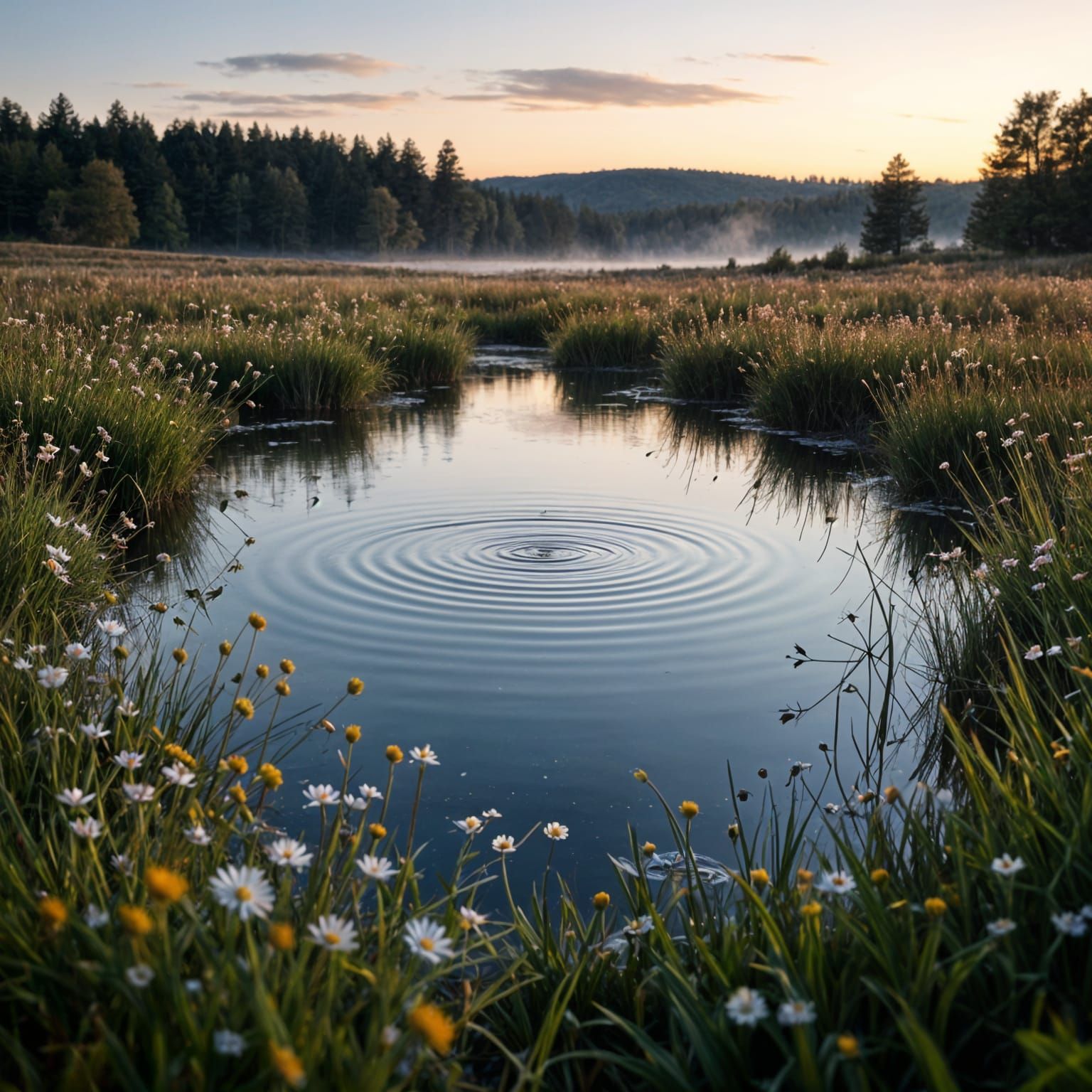 Cinematic Autumn Twilight Landscape with Misty Pond