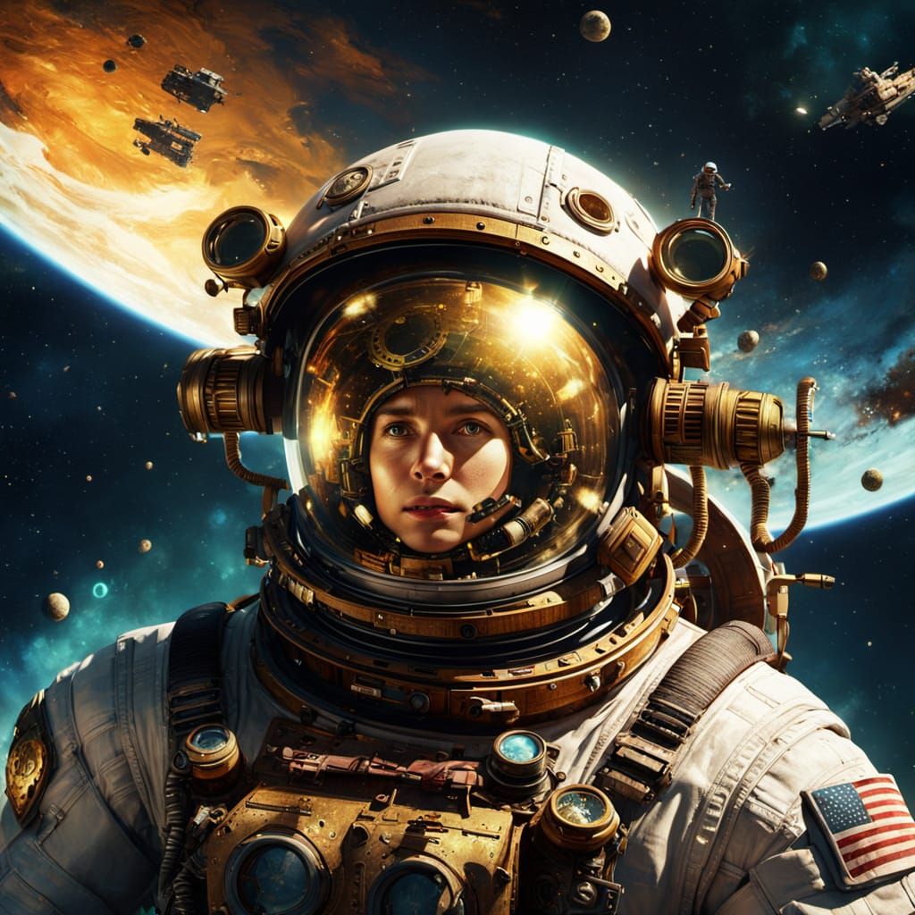 Steampunk style astronaut in a dingy brown space suit workin...