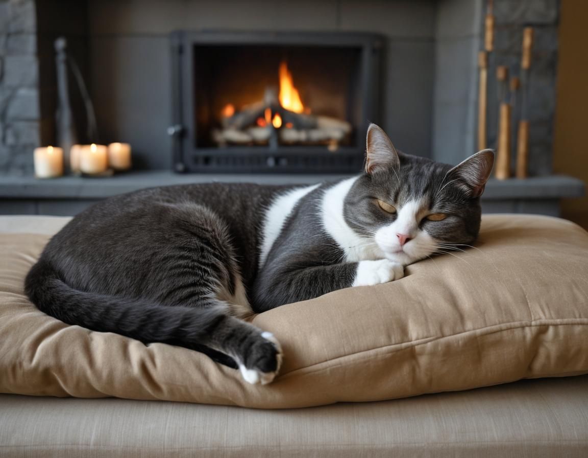 Restful Dark Grey Cat by Fireplace