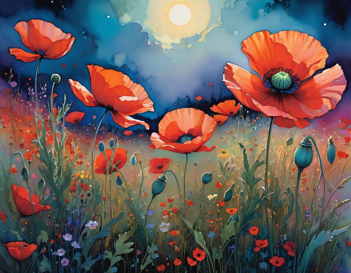 Surreal Bioluminescent Poppy in Misty Twilight Field