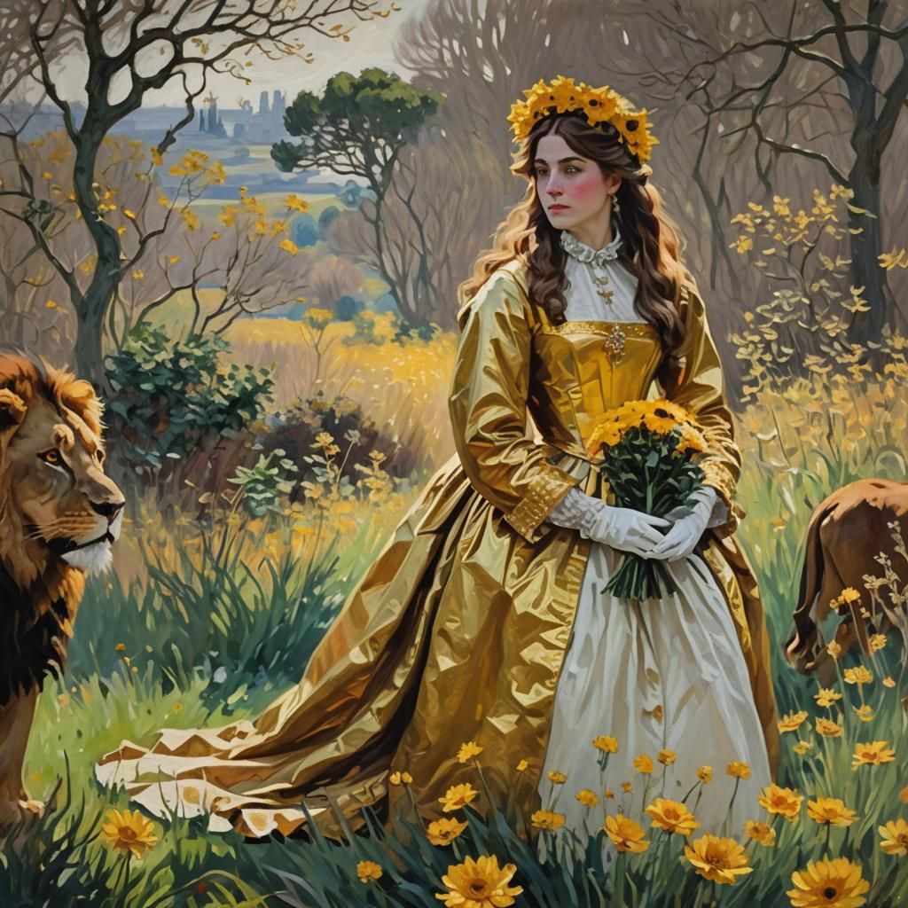 Queen Rides Lion in Impressionistic Golden Sunlight