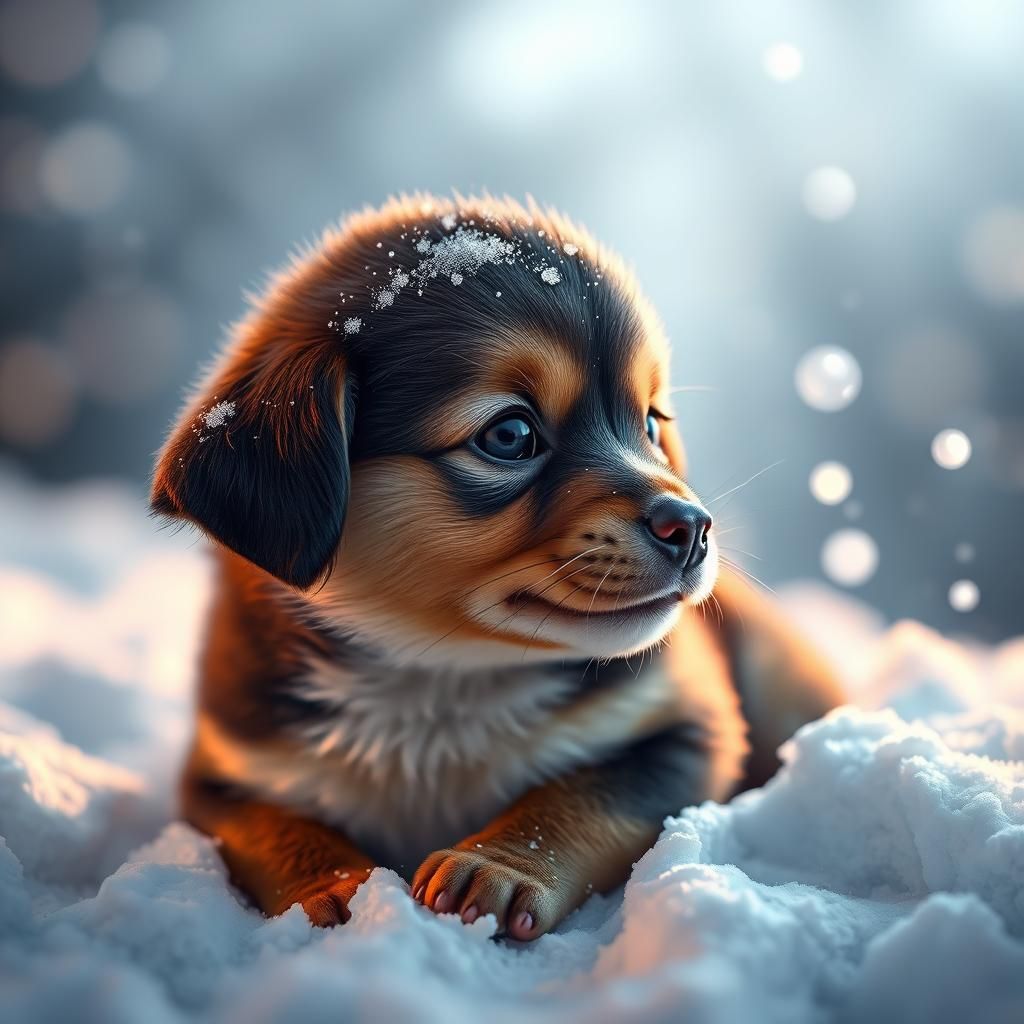 Adorable Dachshund Puppy in Snow, Hyperrealistic Art