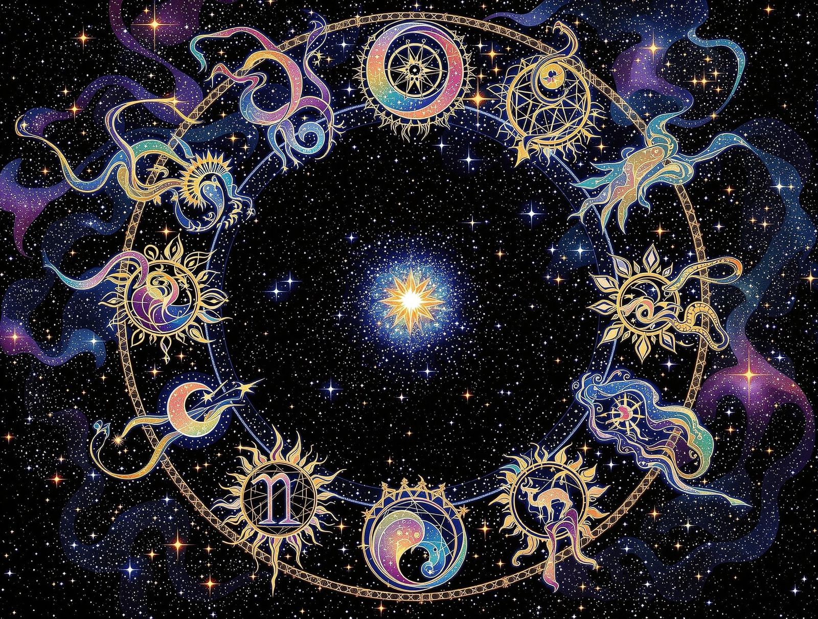 Cosmic Horoscope Circle in Vibrant Iridescent Hues