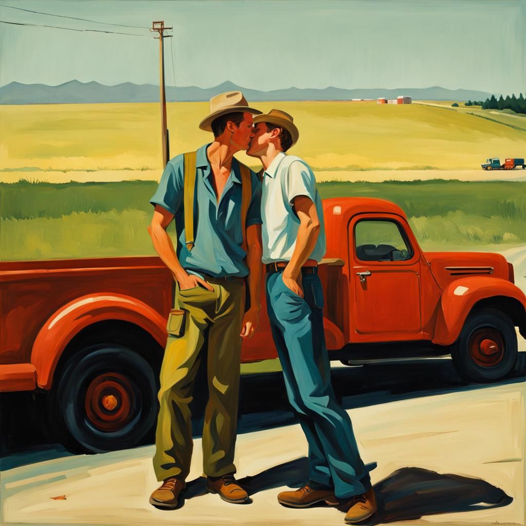 Gay Couple Kissing in Rural Landscape, Abstract Art