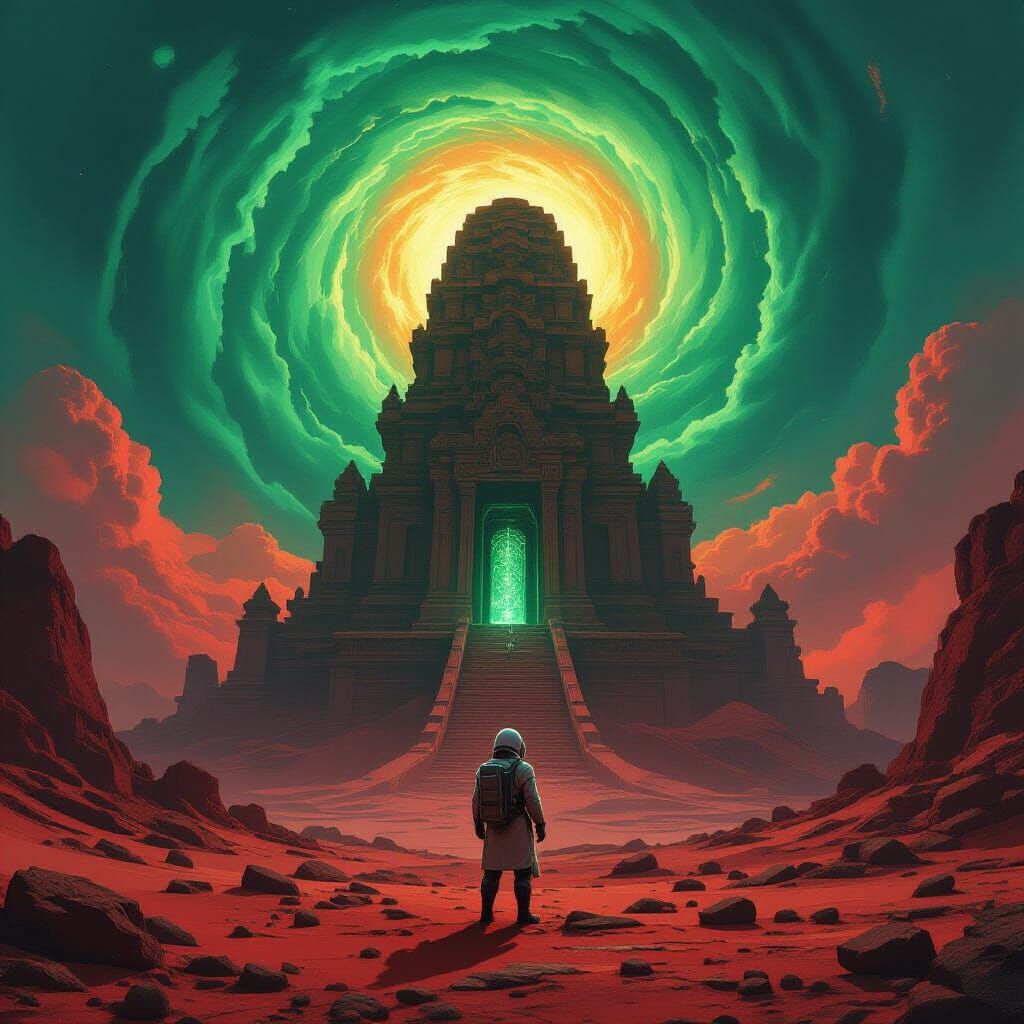Astronaut and Ancient Temple on Crimson Planet