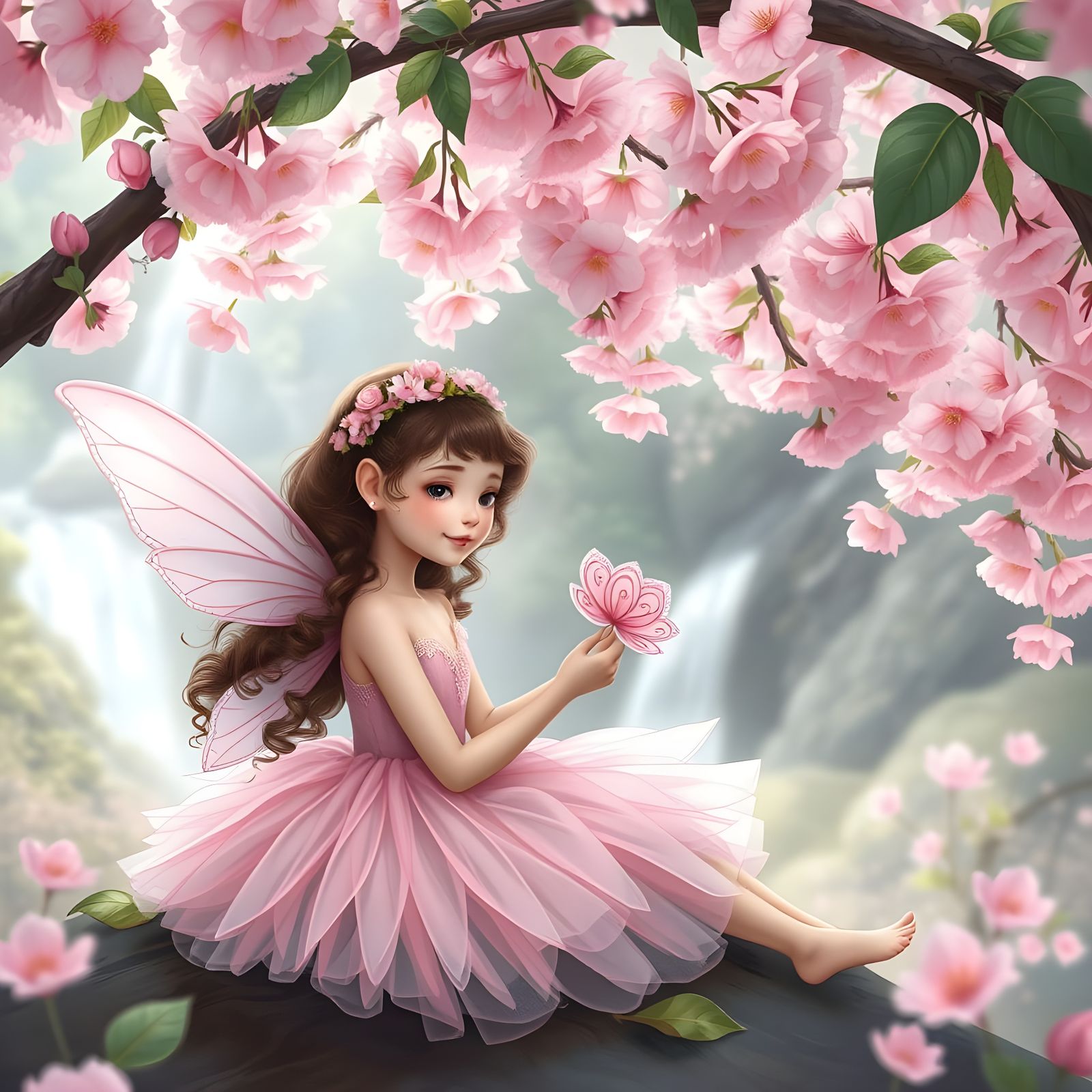 Whimsical Fairy in Cherry Blossom Forest