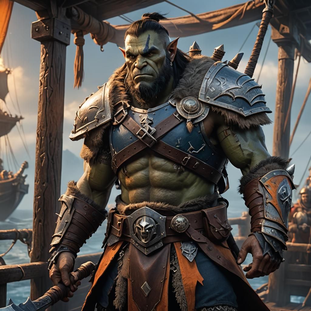 Half-Orc Barbarian on Ship: Fantasy Concept Art