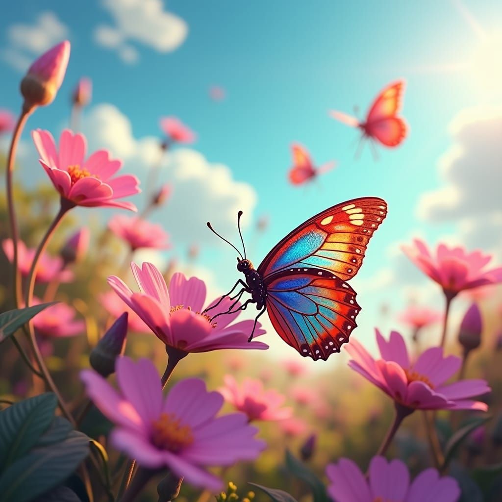 Iridescent Butterflies in Floral Meadow, 3D Rendered