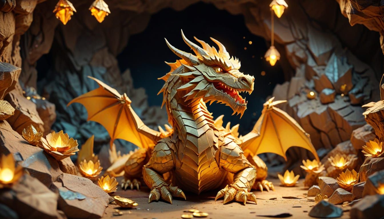 Dragon Guarding Treasure: 3D Paper Sculpture in Origami Styl...