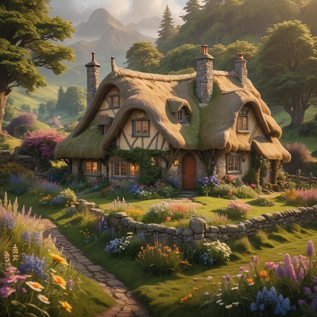 Whimsical Cottage in Scottish Countryside, Art Nouveau Style