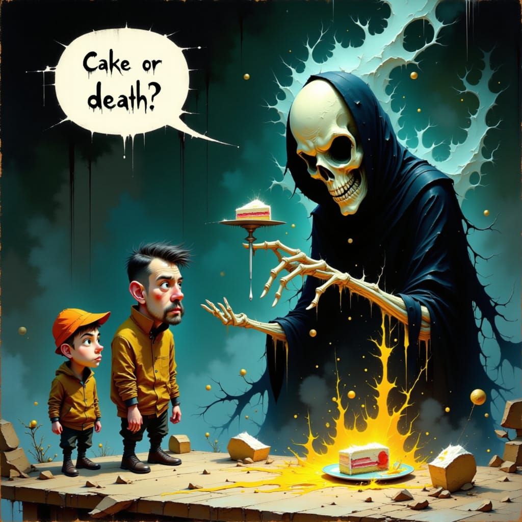 Grim Reaper Offers Cake or Death in Cartoon Style