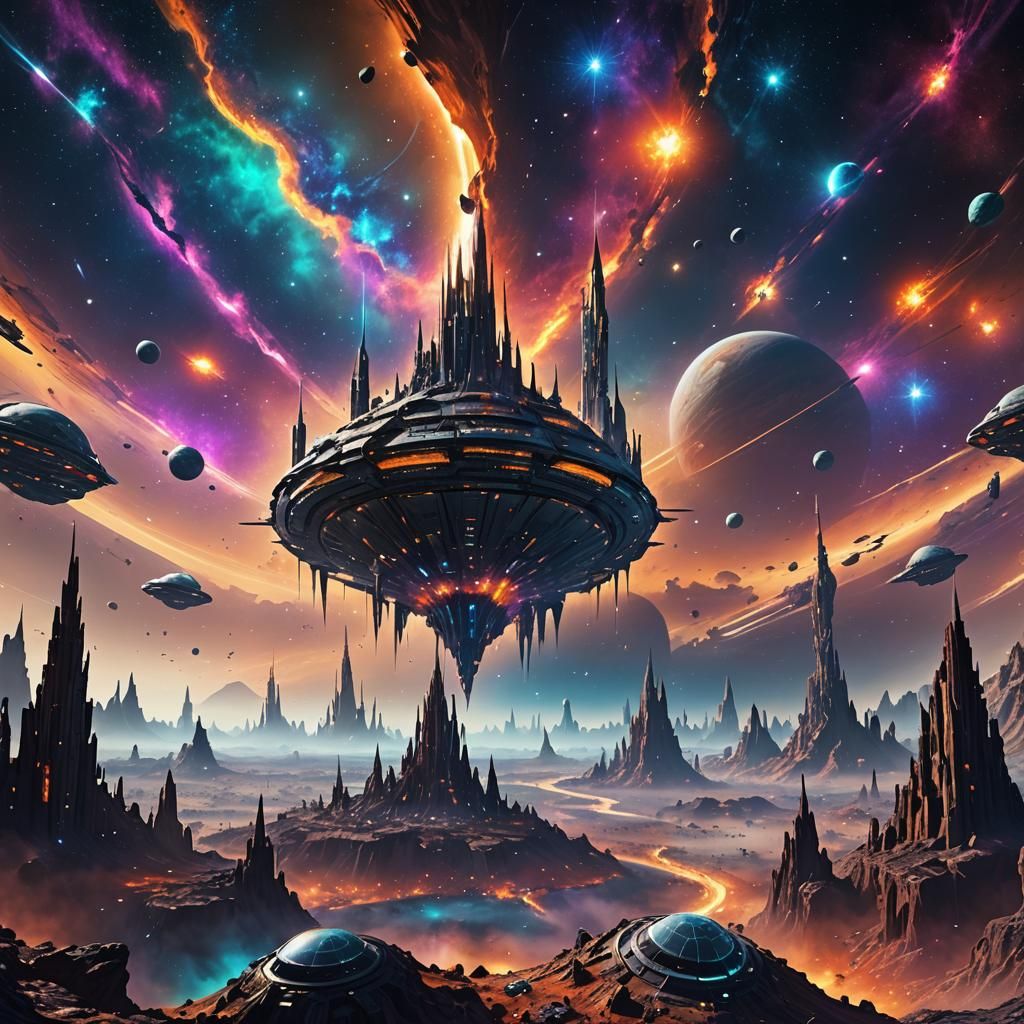 Fantastical Alien City Drifting Through Cosmic Void