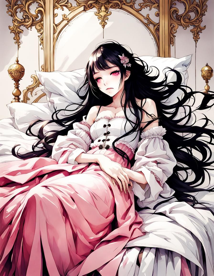 Stylized Baroque Illustration of Girl on Bed