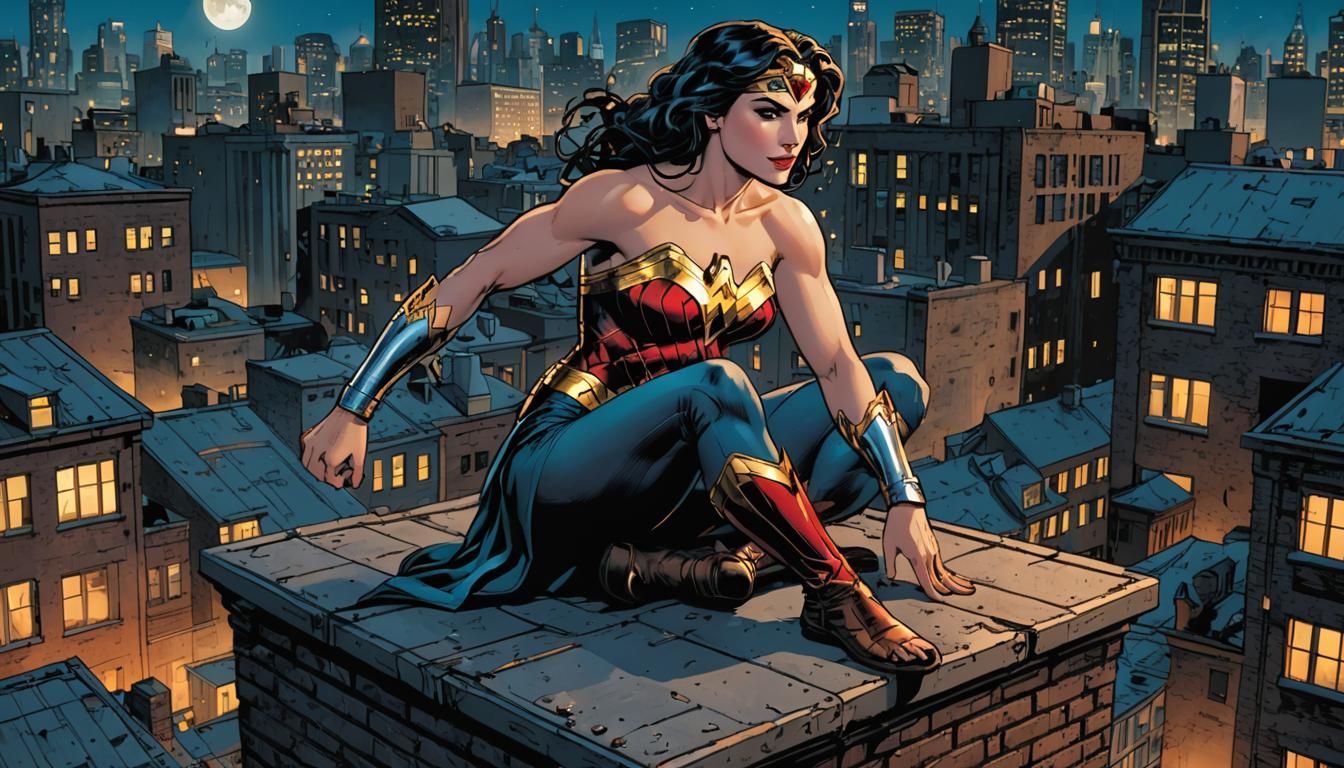 Wonder Woman on Gotham Rooftop, Comic Book Art
