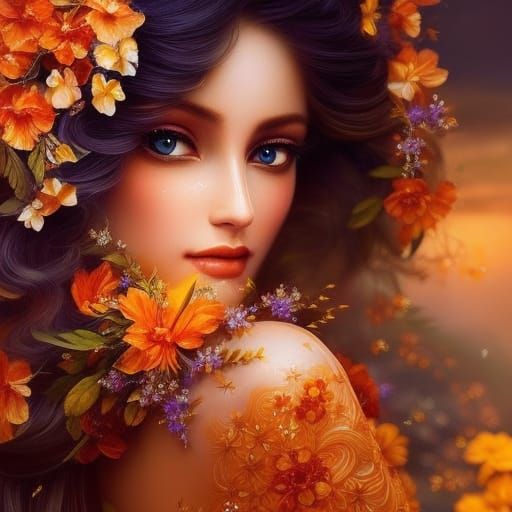 Orange Fairy with Fruit and Blossoms: Aquarelle Art