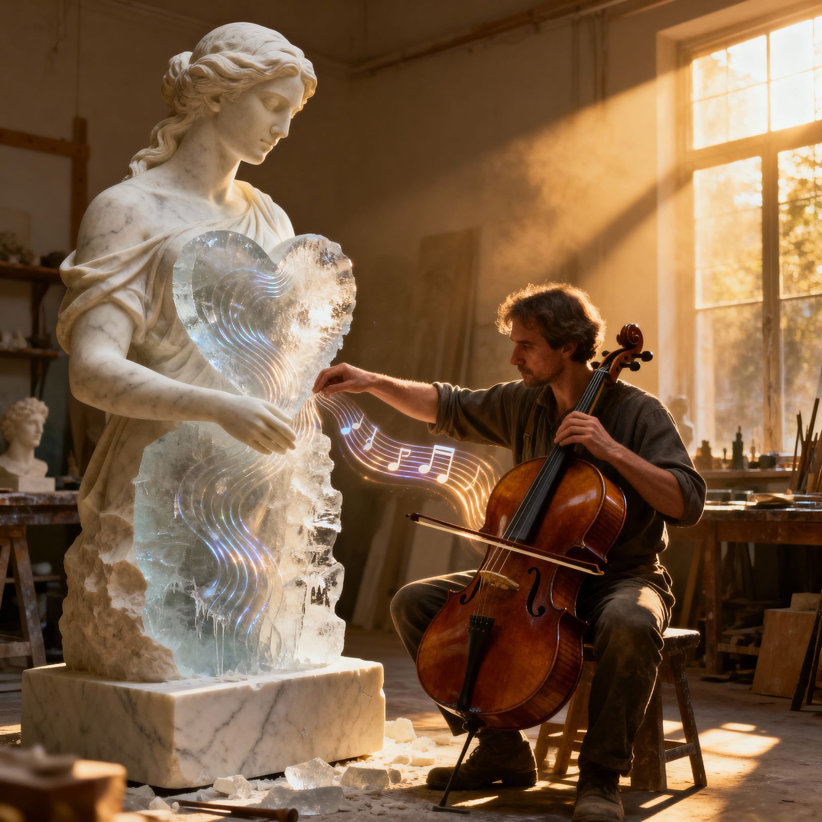 Sculptor Shapes Marble with Sound Waves in Golden Light
