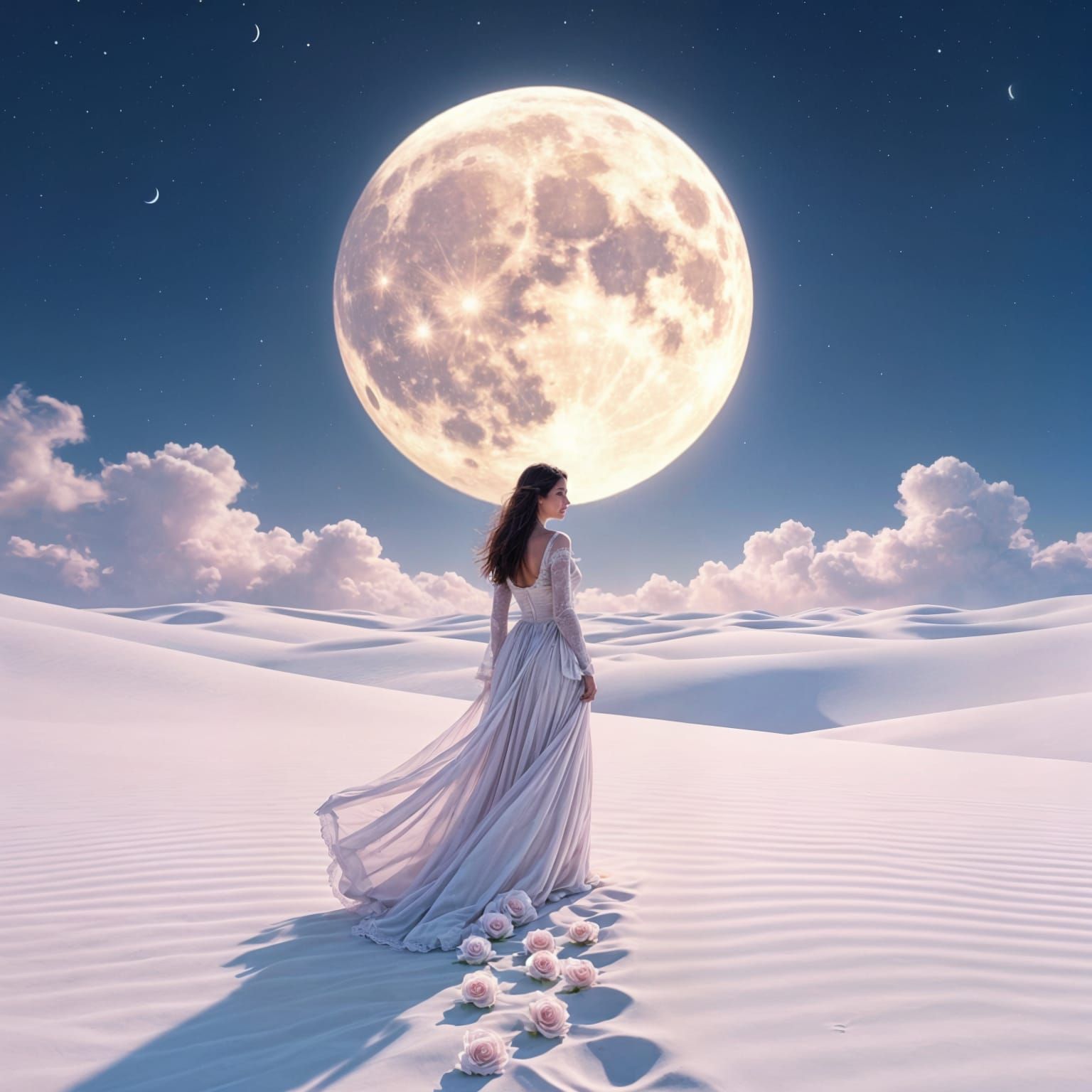 Mystical Desert Moonlit Scene with Ethereal Woman