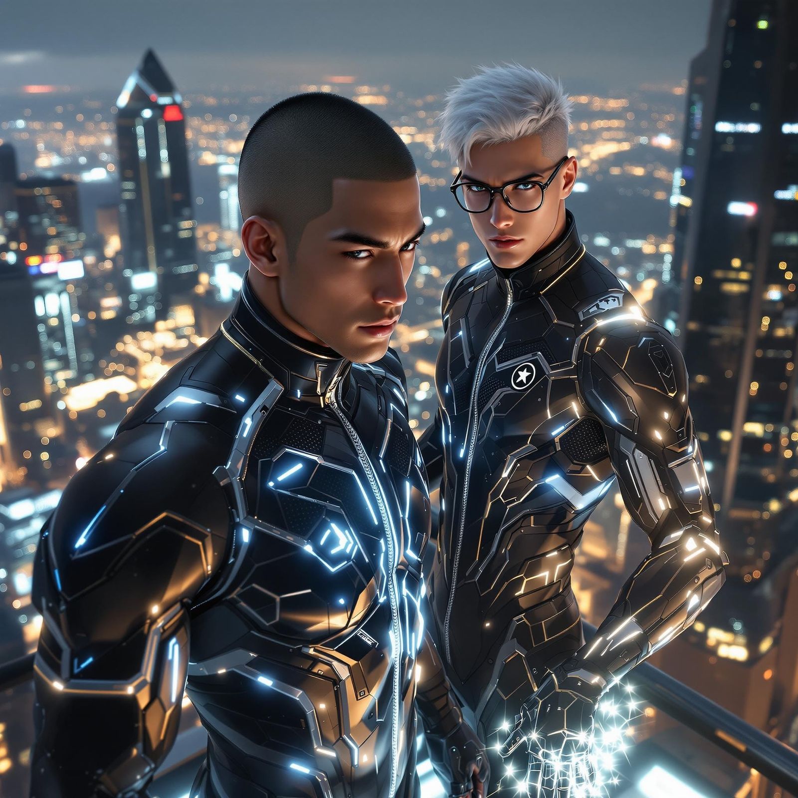 Futuristic Athlete Duo in Metropolis, Hyperrealism Style